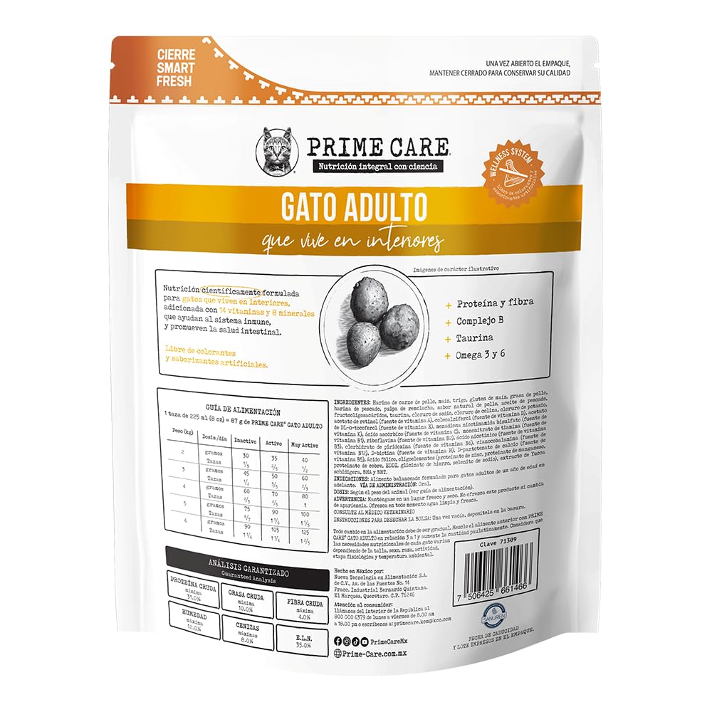 Prime Care Alimento para Gato Adulto, 1.5 kg, Ideal para Gatos Adultos (+1 Año)