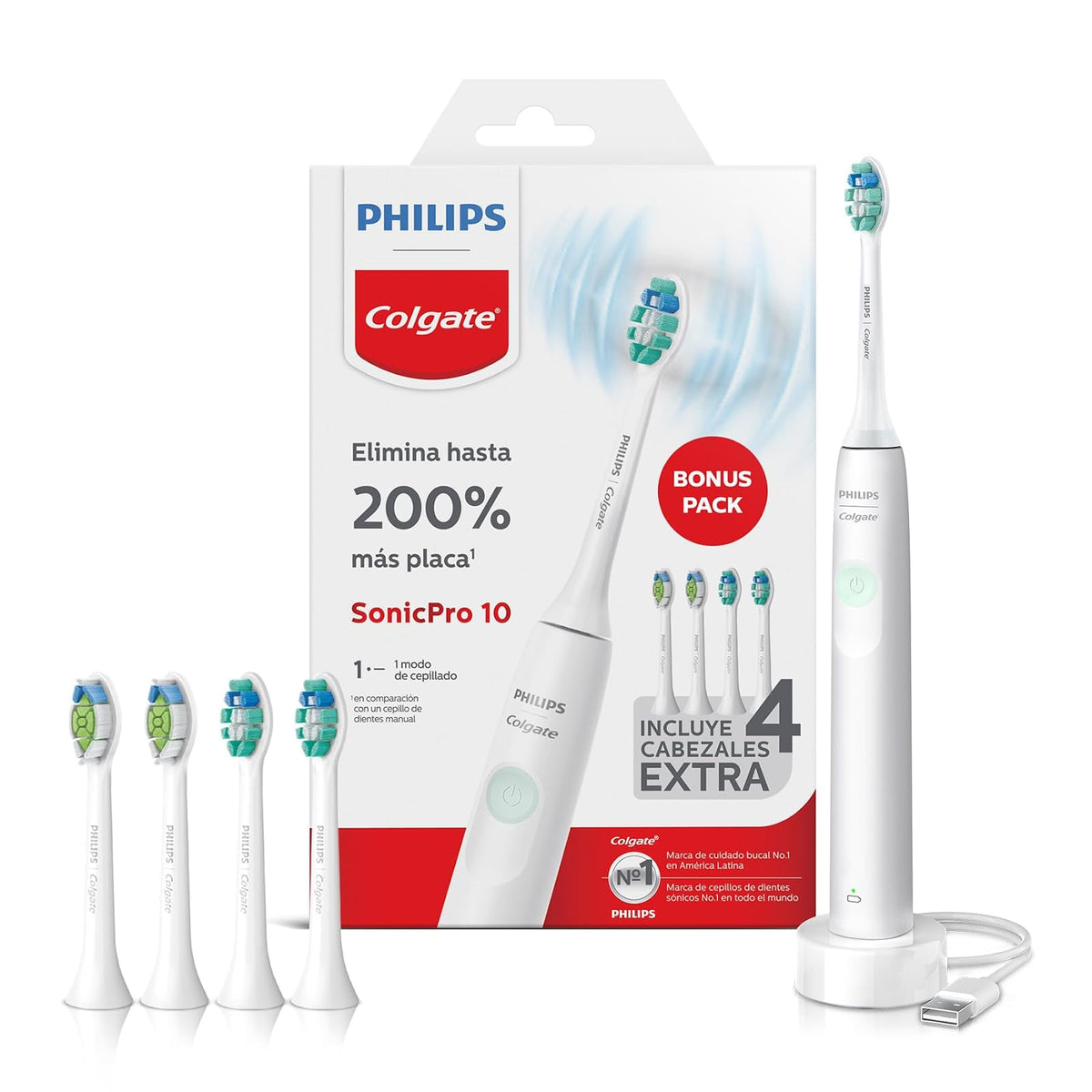 Philips Colgate Cepillo Dental Eléctrico SonicPro 10 con 4 Repuestos | Remueve 200% Más Placa, 31.000 Movimientos por Minuto, Cuidado Suave y Efectivo, 1 Modo de Cepillado: Clean