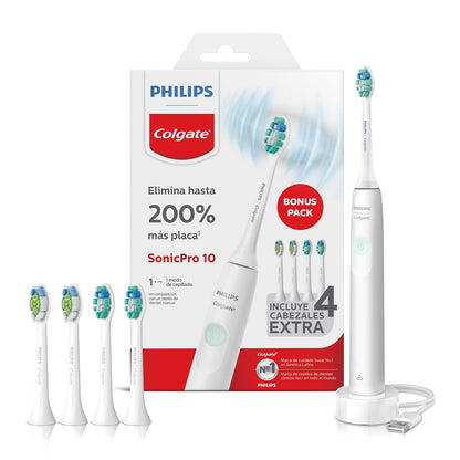 Philips Colgate Cepillo Dental Eléctrico SonicPro 10 con 4 Repuestos | Remueve 200% Más Placa, 31.000 Movimientos por Minuto, Cuidado Suave y Efectivo, 1 Modo de Cepillado: Clean