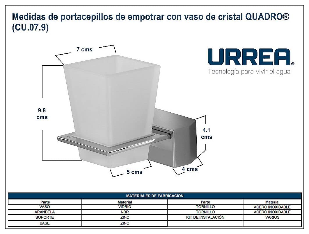 Urrea, Porta Cepillos de Empotrar con Vaso de Cristal, Modelo Quadro, Acabado Acero Inoxidable, CU.07.9