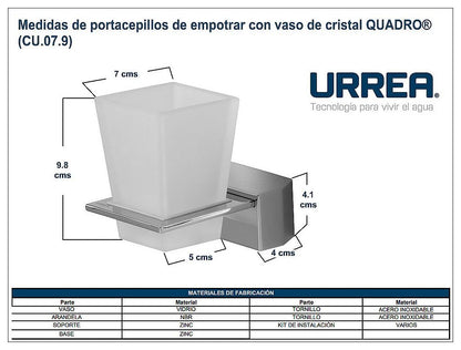 Urrea, Porta Cepillos de Empotrar con Vaso de Cristal, Modelo Quadro, Acabado Acero Inoxidable, CU.07.9