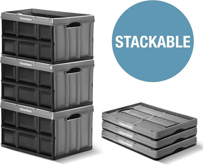 CleverMade - Contenedores plegables de almacenamiento – Paquete de 3 unidades de piedra 32L – Contenedores apilables de gran capacidad – Cajas plegables – Ahorro de espacio para el hogar