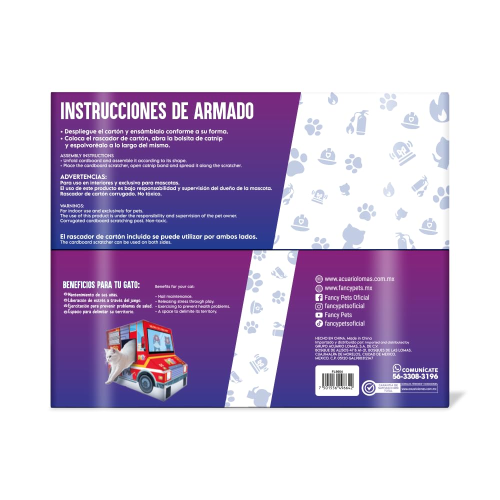Fancy Pets Rascador para Gato con Diseño de Camión de Bomberos 2 Entradas, Estimula el Juego y el Instinto de Caza Incluye Catnip 58x34.5x43 cm
