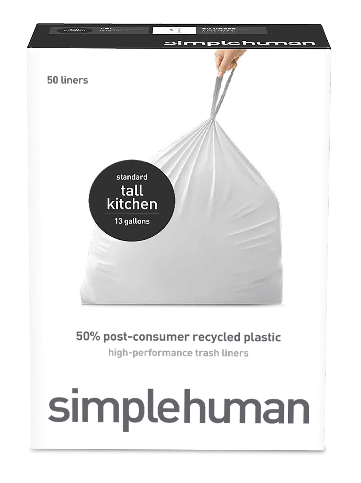 simplehuman Código K Bolsas de Basura con Cordón, Blanco, 100 pzas - Blanco - 1 Count (Pack of 50) - Forro de cocina alto PCR