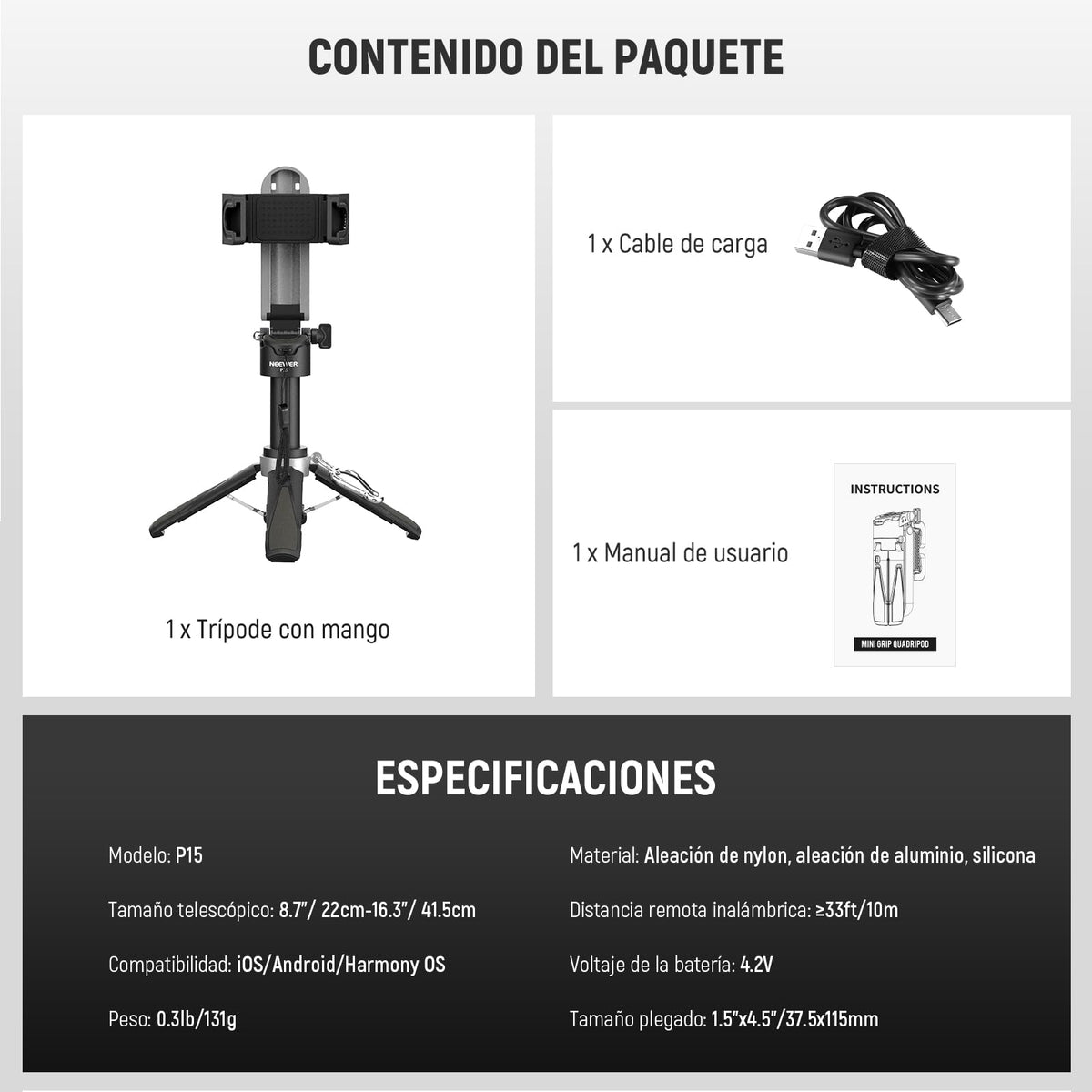 NEEWER Palo Selfie con Obturador Remoto Bluetooth Desmontable, Trípode Viaje Plegable y Ligero para iPhone, 360° Soporte Teléfono Zapata Fría para Youtube/TikTok Vlogs Fotografía en Vivo, Negro, P15