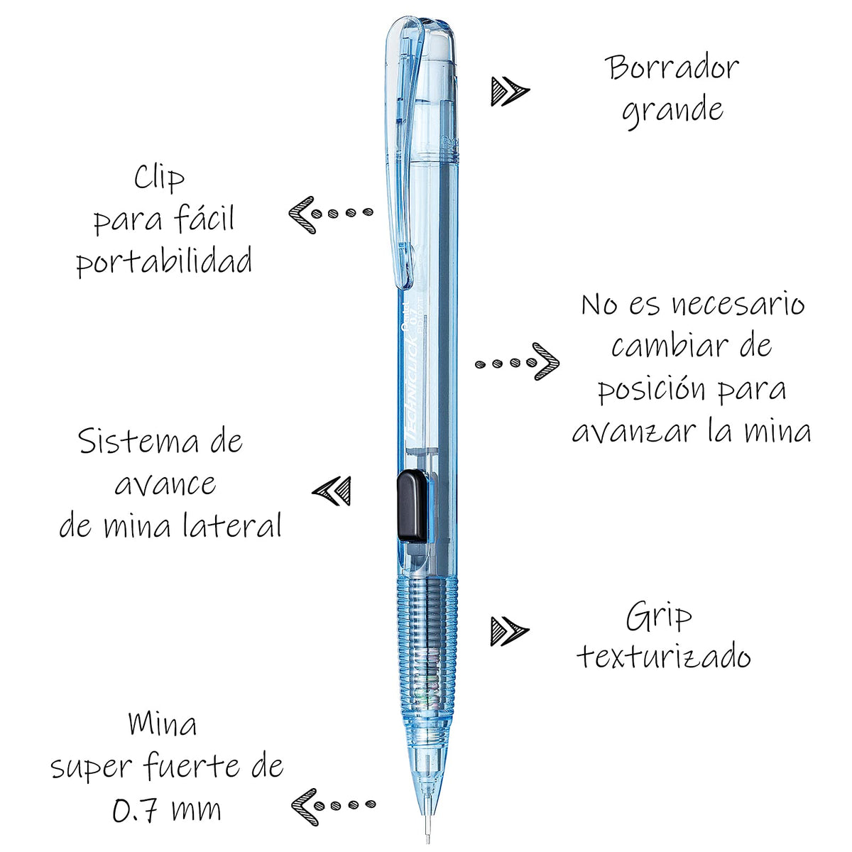 Pentel de México PD107T-SR Lap. Techniclick, Azul Cielo, 0.7 mm, color Azul Cielo, 0.7 mm, pack of/paquete de 1