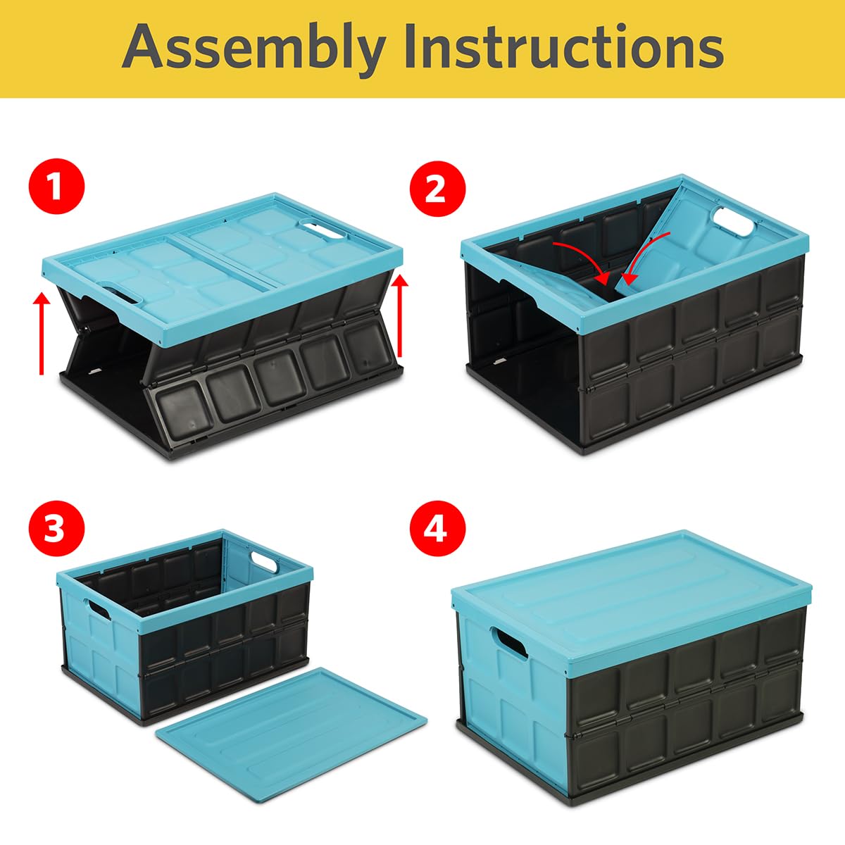 Glad - Contenedor plegable de almacenamiento con tapa, caja de plástico plegable de 48 litros para cochera, maletero y organización, contenedor apilable con tapa con asas, color turquesa