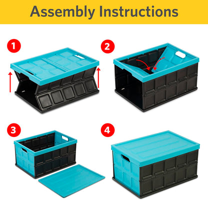 Glad - Contenedor plegable de almacenamiento con tapa, caja de plástico plegable de 48 litros para cochera, maletero y organización, contenedor apilable con tapa con asas, color turquesa