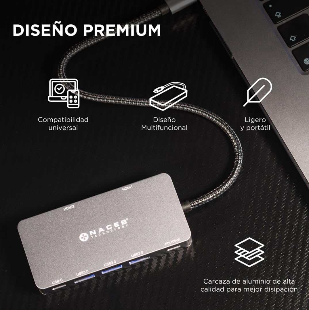 Naceb Technology HUB USB-C 7 en 1 Dual HDMI 4K, Adaptador Multipuerto con 100W PD Carga Rápida, 3 USB 3.0, 1 USB-C Datos 5Gbps, Estación de Acoplamiento para Laptop, MacBook, iPad y PC, Gris (NA-0147)