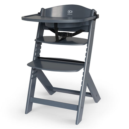Kinderkraft ENOCK Silla Alta de Madera, Periquera Infantil, Portatil, para niños, Evolutiva silla alta, Ergonómica, Con accesorios, Barrera y Bandeja, Gris completo