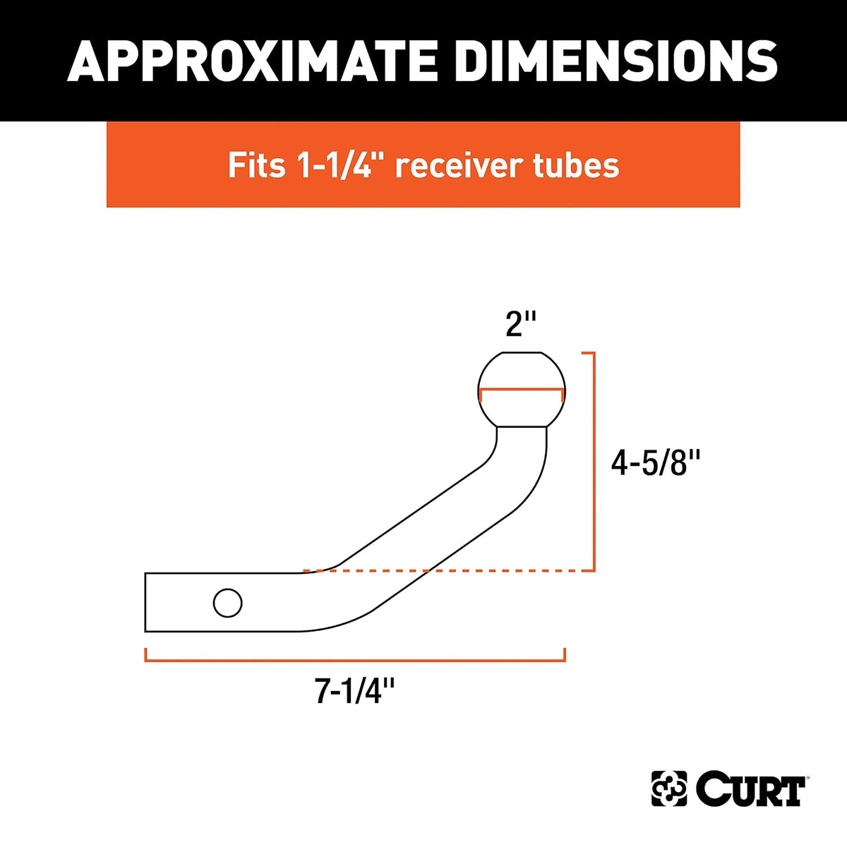 CURT Soporte de Enganche para Remolque con Bola de 2 in 45572 para Receptor de 1-1/4 in, 3 Libras
