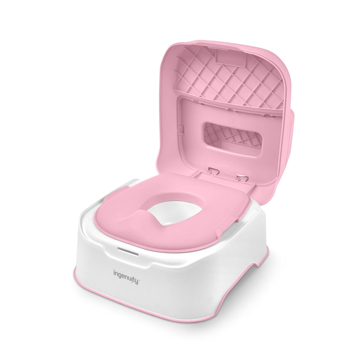 Ingenuity Prepare to Potty Sistema 3 en 1 - Inodoro de entrenamiento para ir al baño, parte superior, taburete de escalón, fácil instalación, rosa, para niños pequeños de 18 meses +