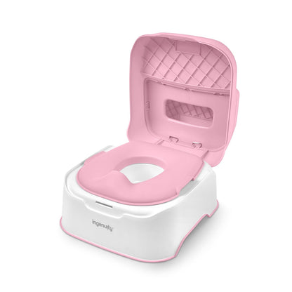 Ingenuity Prepare to Potty Sistema 3 en 1 - Inodoro de entrenamiento para ir al baño, parte superior, taburete de escalón, fácil instalación, rosa, para niños pequeños de 18 meses +