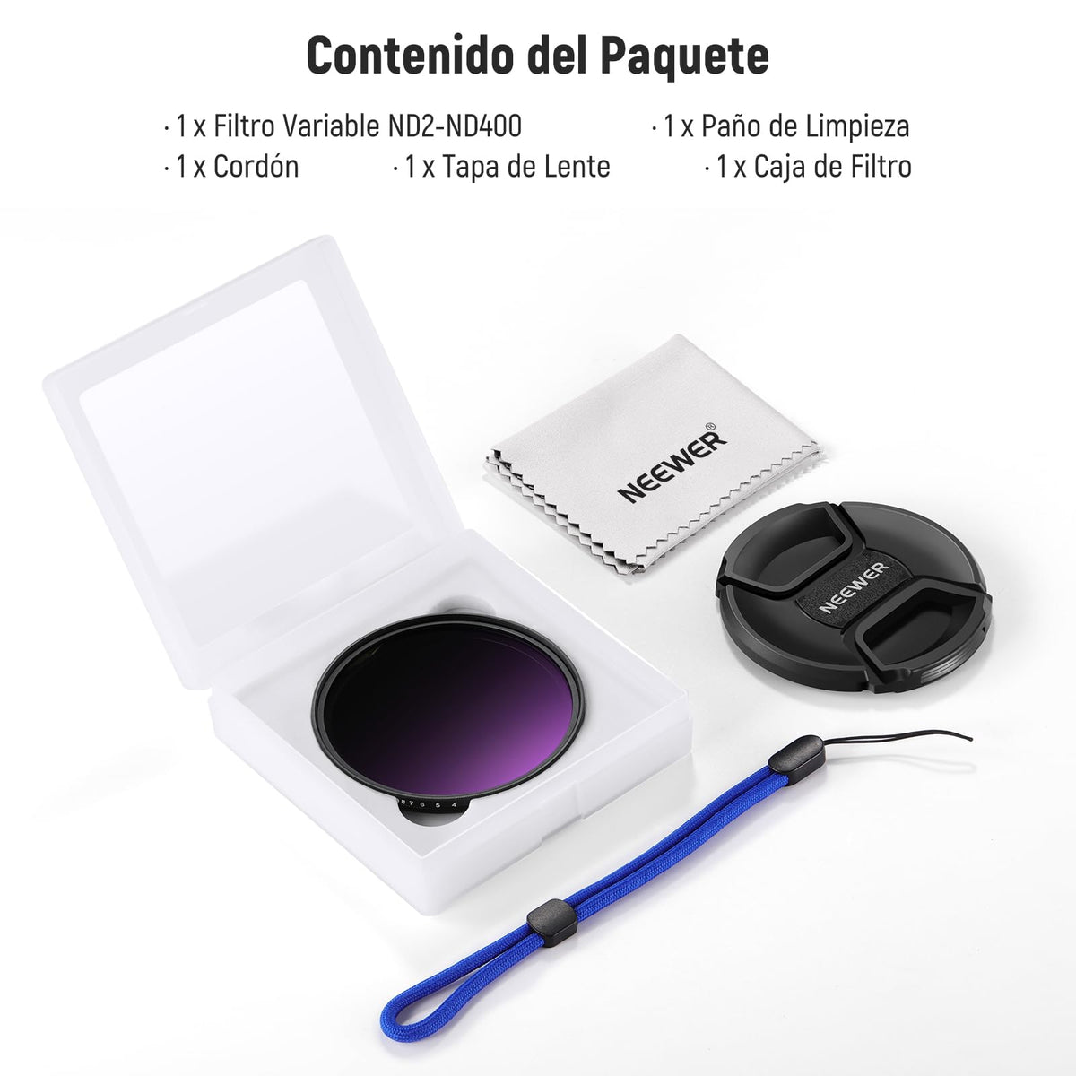 NEEWER 82mm Filtro ND Variable ND2-400 (1-9 Paradas) con Tapa de Lente, Cordón, Paño de Limpieza, Ajuste Preciso de Densidad Neutra, Vidrio Optico Multicapa Resistente a Huellas Dactilares y Rayones