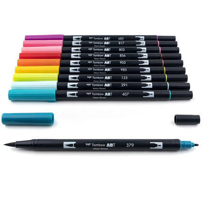 Tombow 56185 Marcadores artísticos de doble pincel, , paquete de 10. Mezclador, pincel y marcadores de punta fina, Tropical, 1, 1 + Dual Brush Pen Art Markers, Bright, 10-Pack