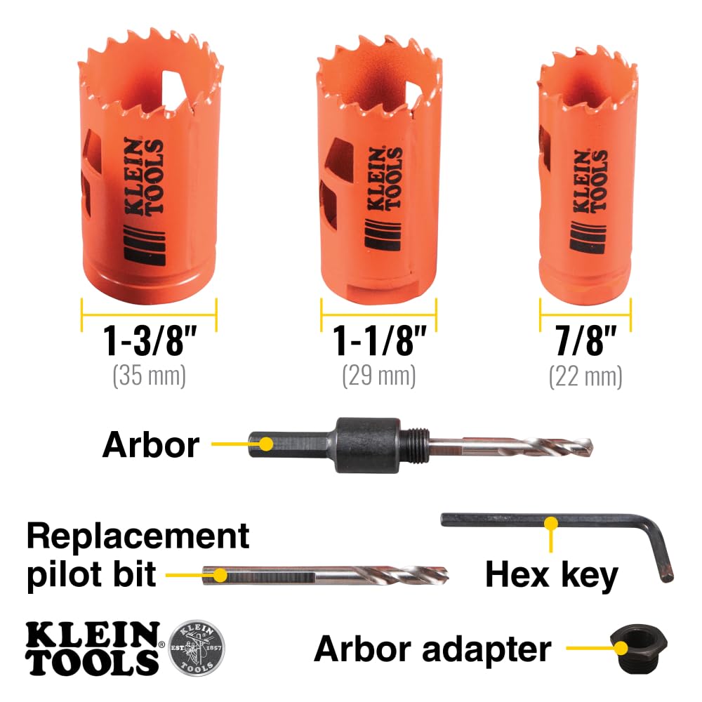 Klein Tools 32905 Kit de brocas sierra para electricistas con mandril de 3 piezas