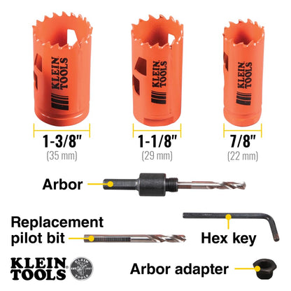 Klein Tools 32905 Kit de brocas sierra para electricistas con mandril de 3 piezas