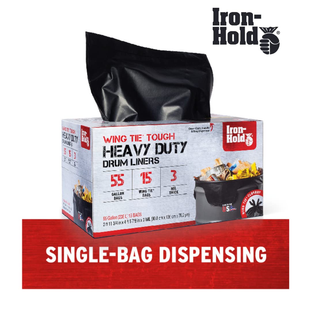 Iron Hold 1416608 Black 45 Gallon 3 mil thickness, Wing Tie, Heavy Duty Trash Can Liners from Berry, 18ct