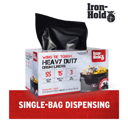 Iron Hold 1416608 Black 45 Gallon 3 mil thickness, Wing Tie, Heavy Duty Trash Can Liners from Berry, 18ct
