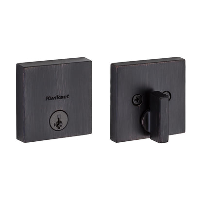 Kwikset - Cerradura de cerrojo del centro de la ciudad, puerta de entrada frontal cuadrada de bronce veneciano, seguridad SmartKey Rekey resistente a la selección, tornillo muerto de un solo cilindro,