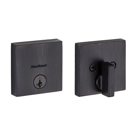 Kwikset - Cerradura de cerrojo del centro de la ciudad, puerta de entrada frontal cuadrada de bronce veneciano, seguridad SmartKey Rekey resistente a la selección, tornillo muerto de un solo cilindro,