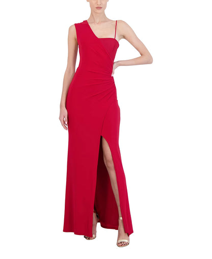 BCBGMAXAZRIA Sleeveless Fit and Flare Long Evening Dress Adjustable Spaghetti Strap Asymmetrical Neck Front Slit Vestido Mujer