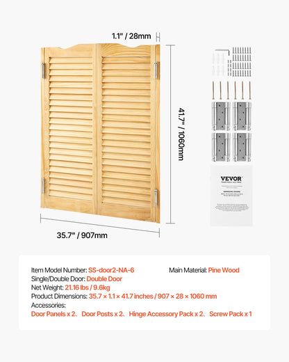VEVOR - Puertas dobles de salón, 36 pulgadas de ancho x 42 pulgadas de alto, puertas de café con arco superior interior, madera de pino premium, con bisagras y kit de hardware, fácil de instalar, para
