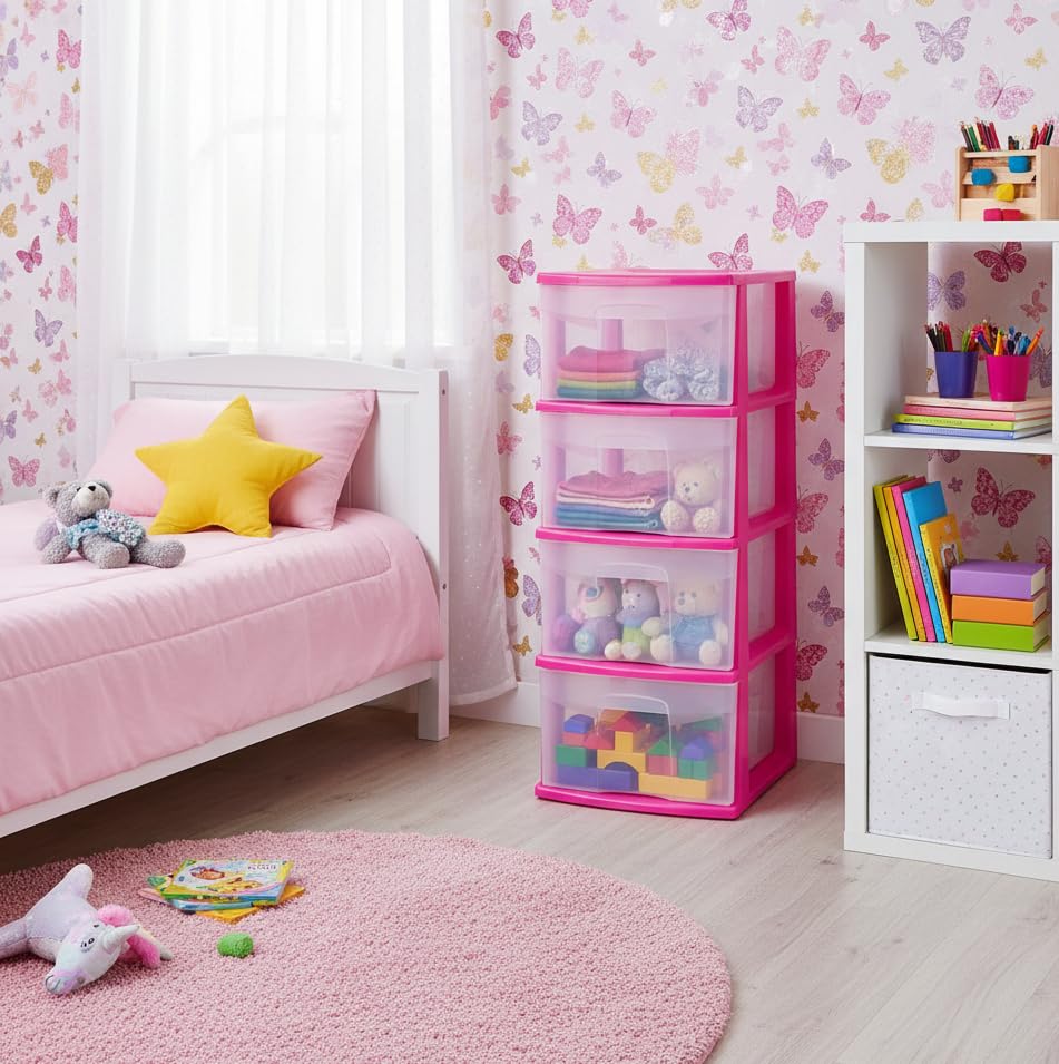 Italhome Cajonera ONYX 4 de Plástico Rosa con 4 Cajones Transparentes, Organizador Multiusos para Recámara, Oficina o Cocina