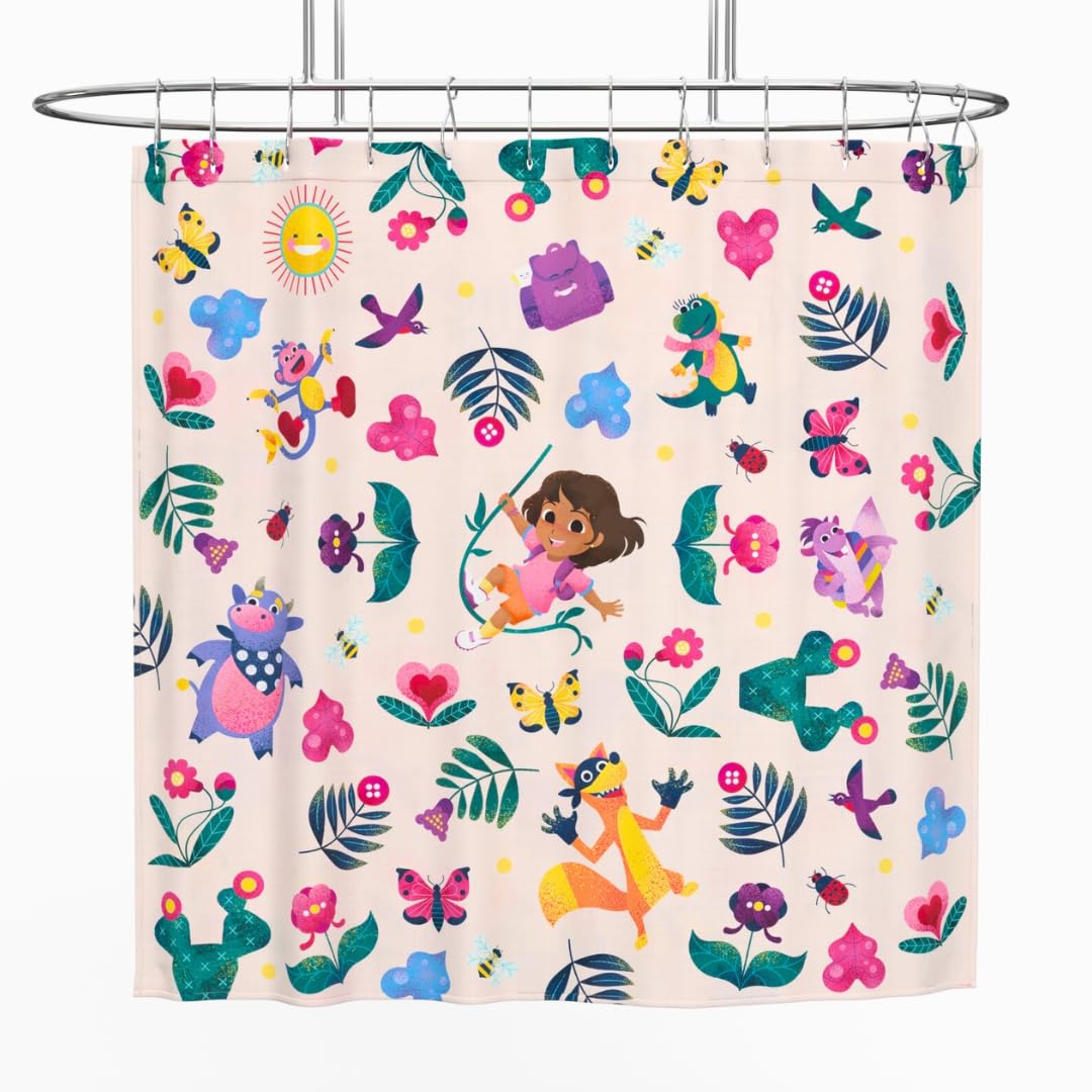 Franco, Dora la Exploradora - Juego de 13 Piezas de Cortina de regadera Infantil y Anillos (Producto 100% con Licencia Oficial) - 182.9An x 182.9Al cm (13 Paneles) - Dora la Exploradora
