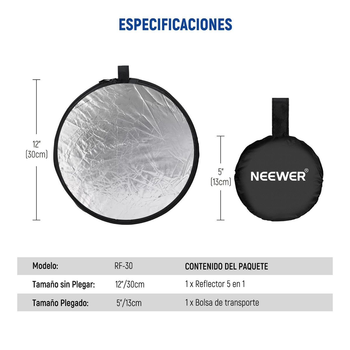 NEEWER Reflector Luz de 12in/30cm Difusor de Luz 5 en 1 Multi Disco Plegable con Bolsa Translúcido, Plateado, Dorado, Blanco y Negro para Iluminación de Fotografía de Estudio y Exteriores