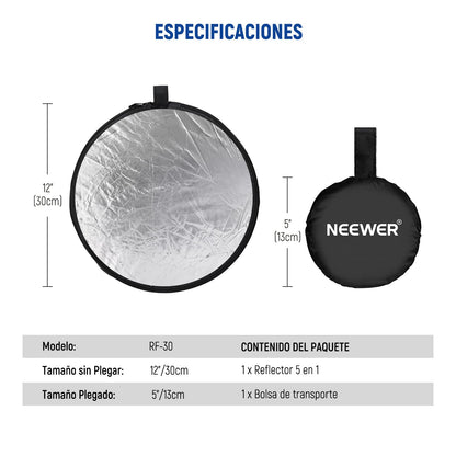 NEEWER Reflector Luz de 12in/30cm Difusor de Luz 5 en 1 Multi Disco Plegable con Bolsa Translúcido, Plateado, Dorado, Blanco y Negro para Iluminación de Fotografía de Estudio y Exteriores
