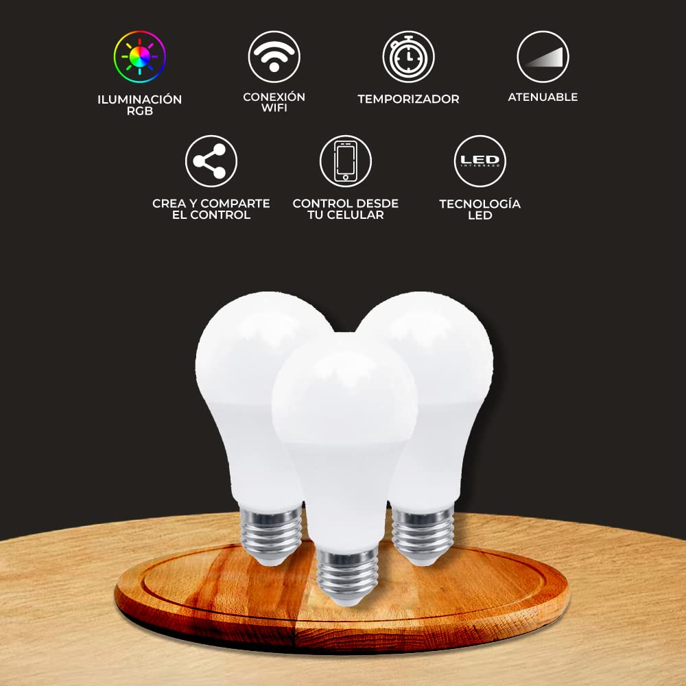 Tecnolite Connect - Paquete 3 Focos Inteligentes RGB WiFi y Bluetooth, Compatible con Alexa por la App Connect para Celular, Luz Fría y Cálida, Iluminación Interiores RGB