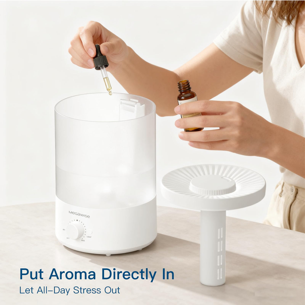 Humidificador MegaWise Topfill con luz nocturna de 7 colores, gran capacidad de 3,5 L, diseño antifugas y vapor fino.