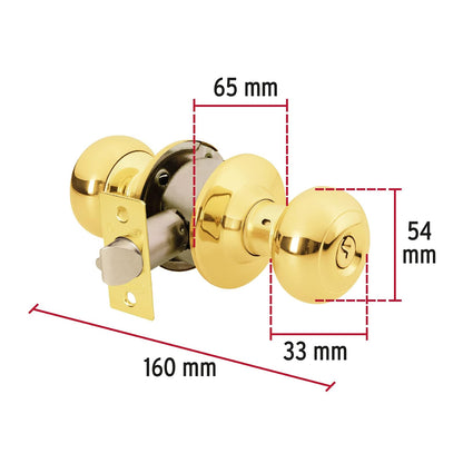 Hermex CEPO-12E, Cerradura de pomo tipo oval para entrada, mecanismo cilíndrico, latón brillante