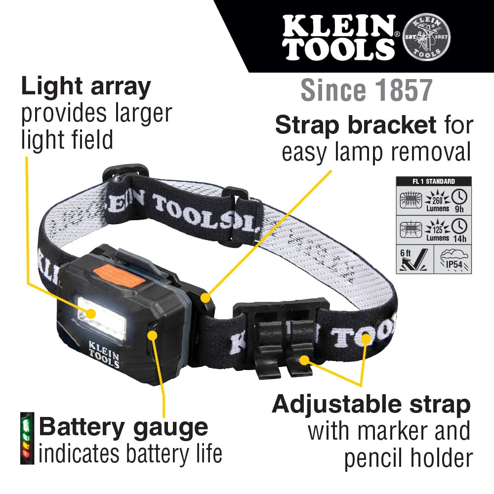 Klein Tools 56049 - Faros delanteros recargables/luces LED, correa de tela ajustable con marcador/soporte para lápiz, 260 lúmenes, para trabajo y exteriores