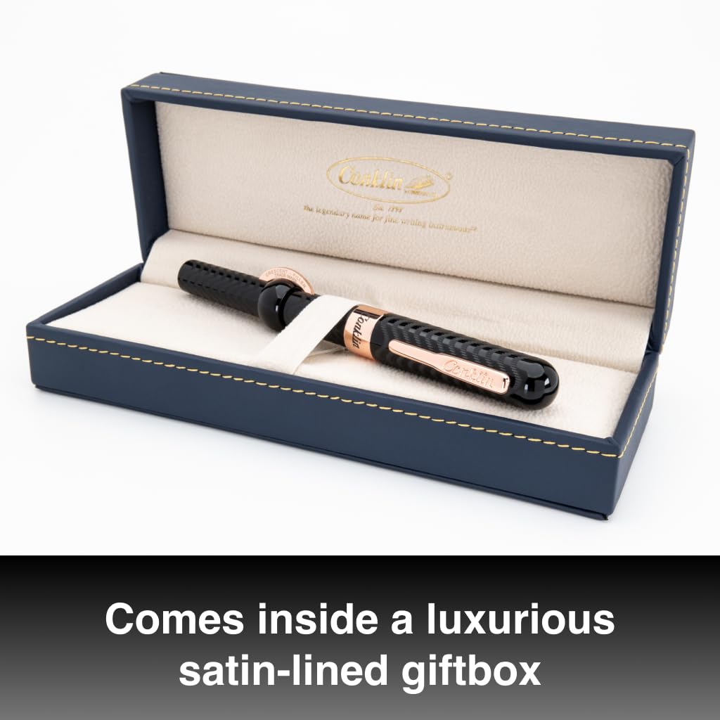 Conklin Mark Twain Crescent - Pluma estilográfica de relleno - Black Chase con ribete de oro rosa de 18 quilates, punta flexible