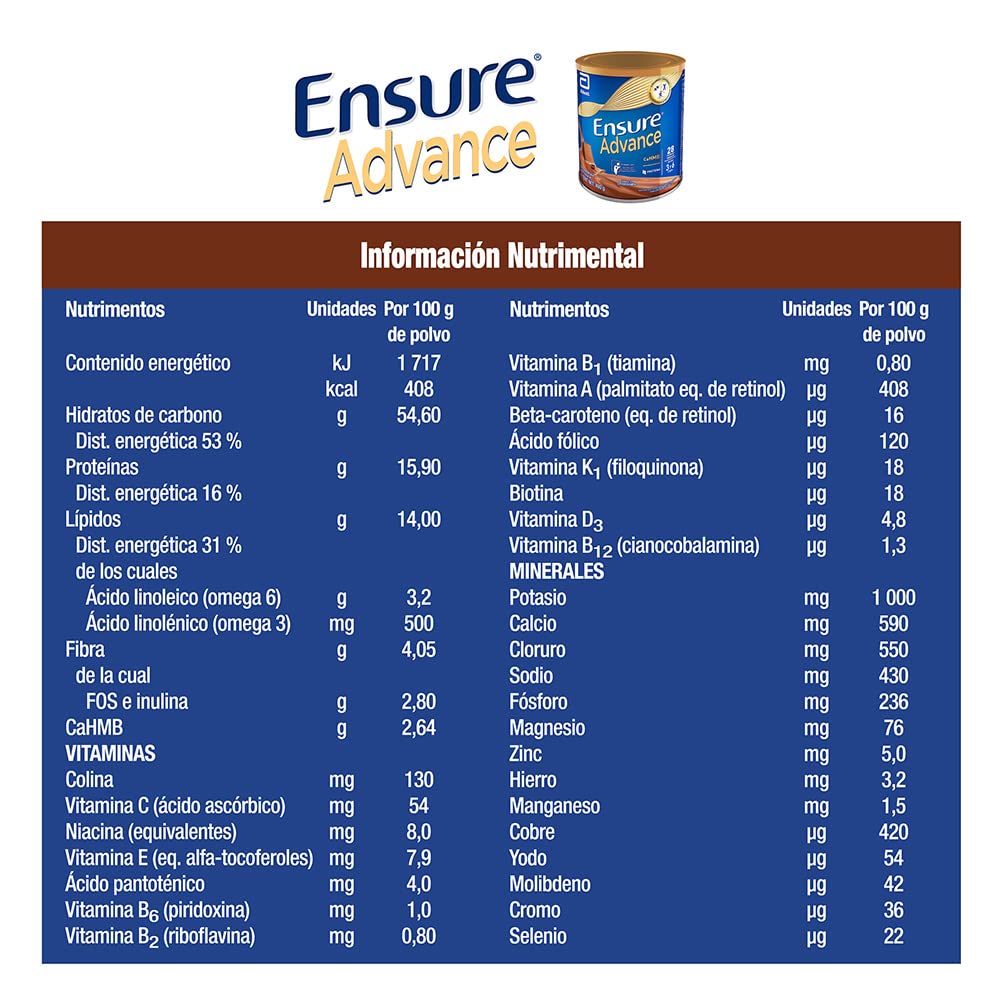 Ensure Advance Polvo Sabor Chocolate 400 g + Advance Polvo Sabor Fresa 400 g + Advance Vainilla en Polvo 400g, Alimentación Especializada