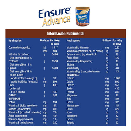 Ensure Advance Polvo Sabor Chocolate 400 g + Advance Polvo Sabor Fresa 400 g + Advance Vainilla en Polvo 400g, Alimentación Especializada