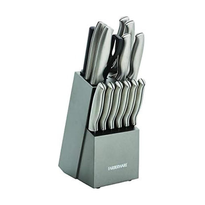 Farberware Juego de 15 cuchillos de acero inoxidable estampado, juego de cuchillos de cocina de acero inoxidable de alto carbono con asas ergonómicas, cuchillos afilados con bloque de madera, juego de