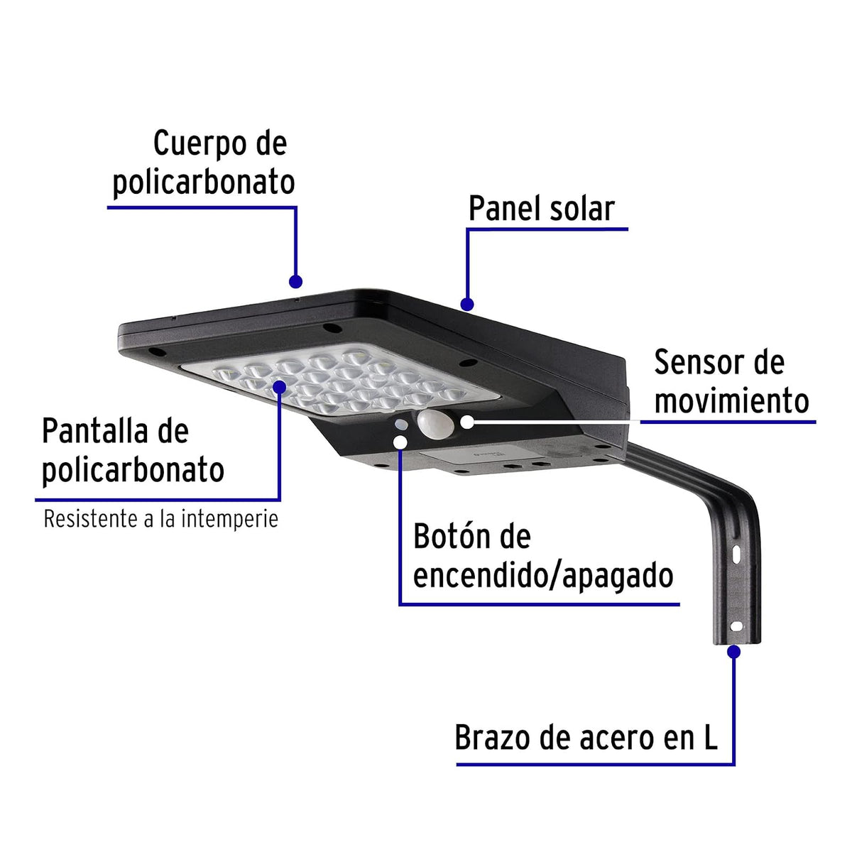 Volteck SUB-900L, Luminario suburbano LED 4 W con panel solar, luz blanca fría 6500K, IP 65, color negro