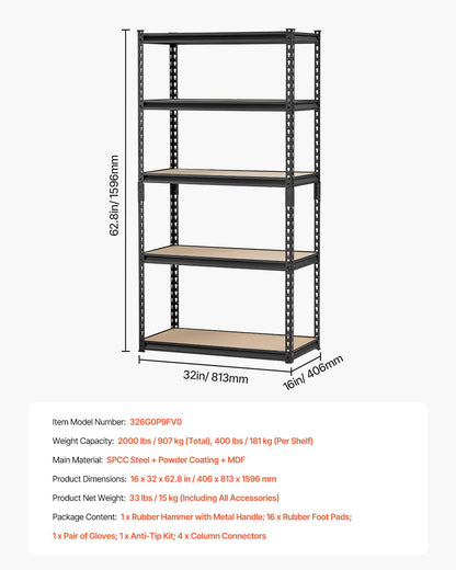 VEVOR - Estanterías de Almacenamiento de 2000 Libras, estantes de Almacenamiento de cochera de 5 Niveles, 16 Pulgadas de Profundidad x 32 Pulgadas de Ancho x 62 Pulgadas de Alto, estantes de Metal