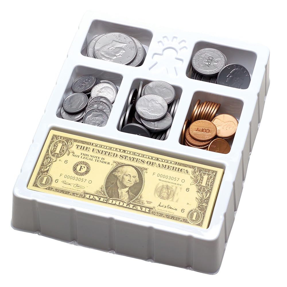 Educational Insights Play Money Coins & Bills Tray, juego de 200 piezas de dinero ficticio para moneda, habilidades de conteo y juego de simulación, para mayores de 5 años