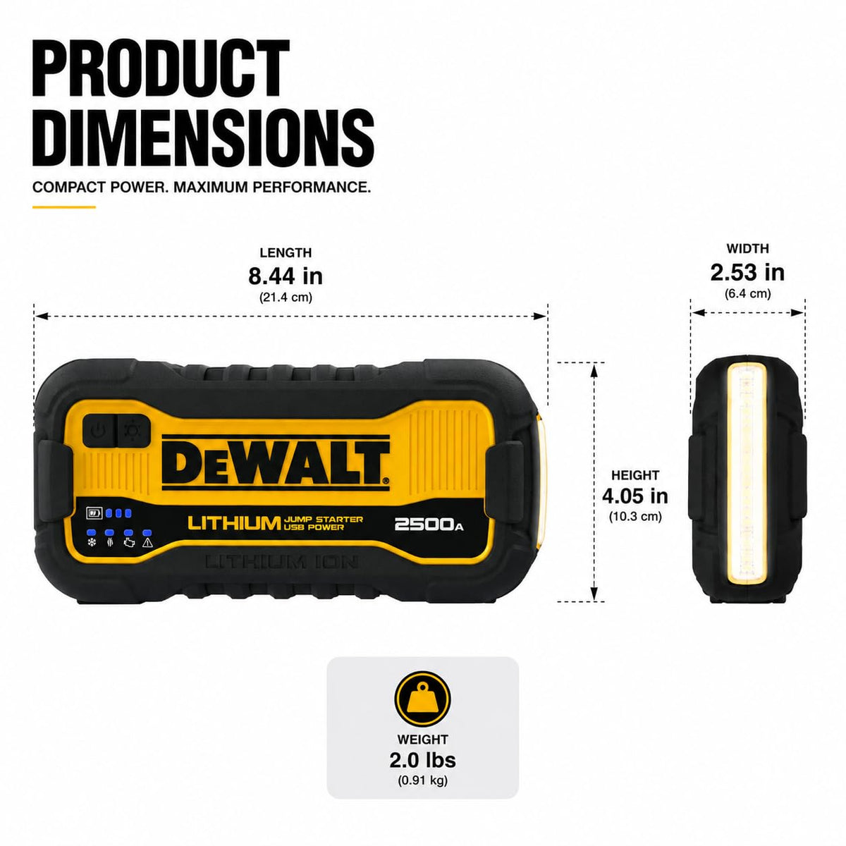 DEWALT DXAELJ25C - Arrancador de Salto (2500 amperios) | Batería de litio, banco de energía USB, estuche de transporte