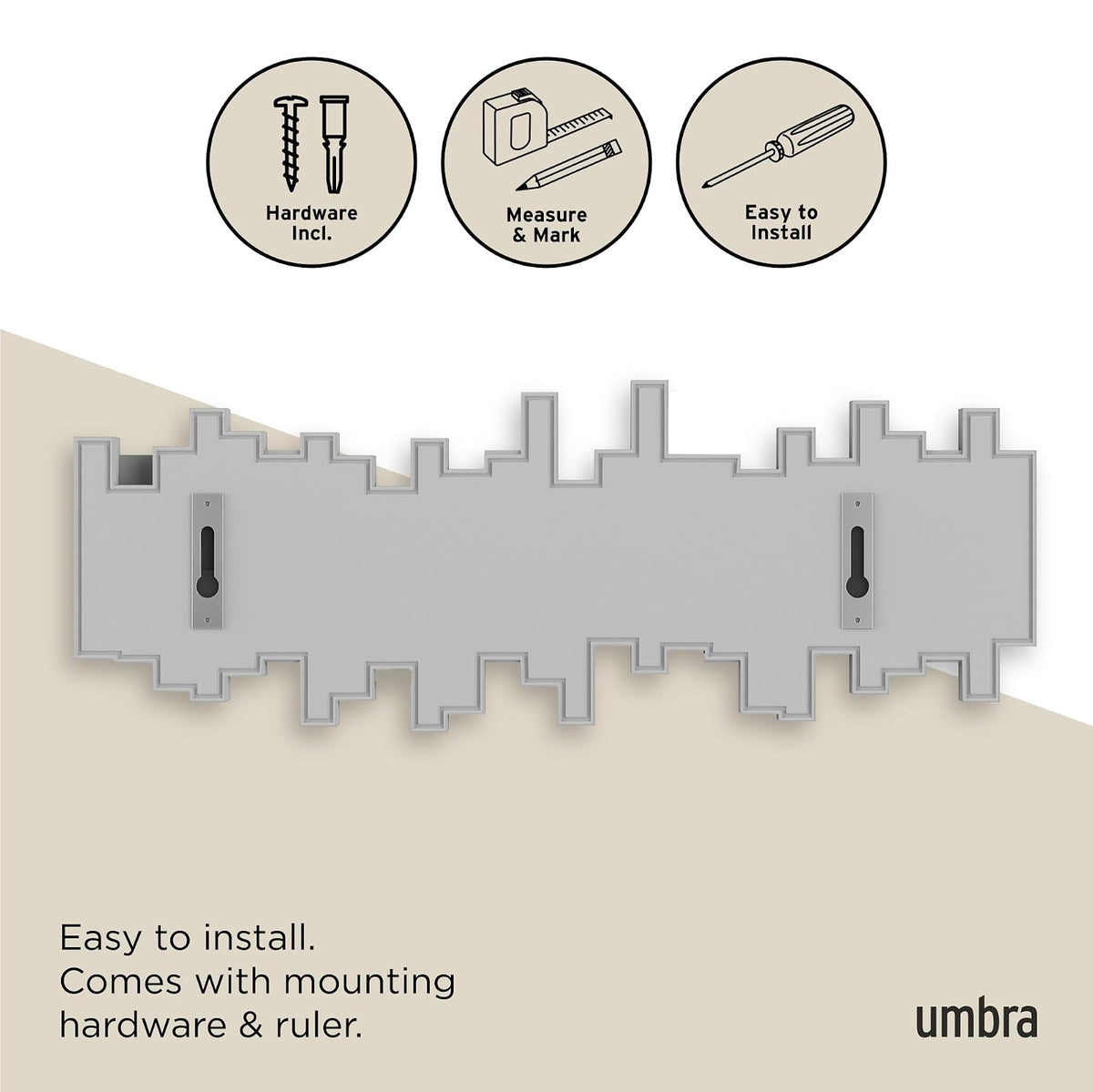 Umbra Sticks perchero de pared con gancho de riel y 5 clavijas retráctiles – Organizador de almacenamiento moderno que ahorra espacio, gris