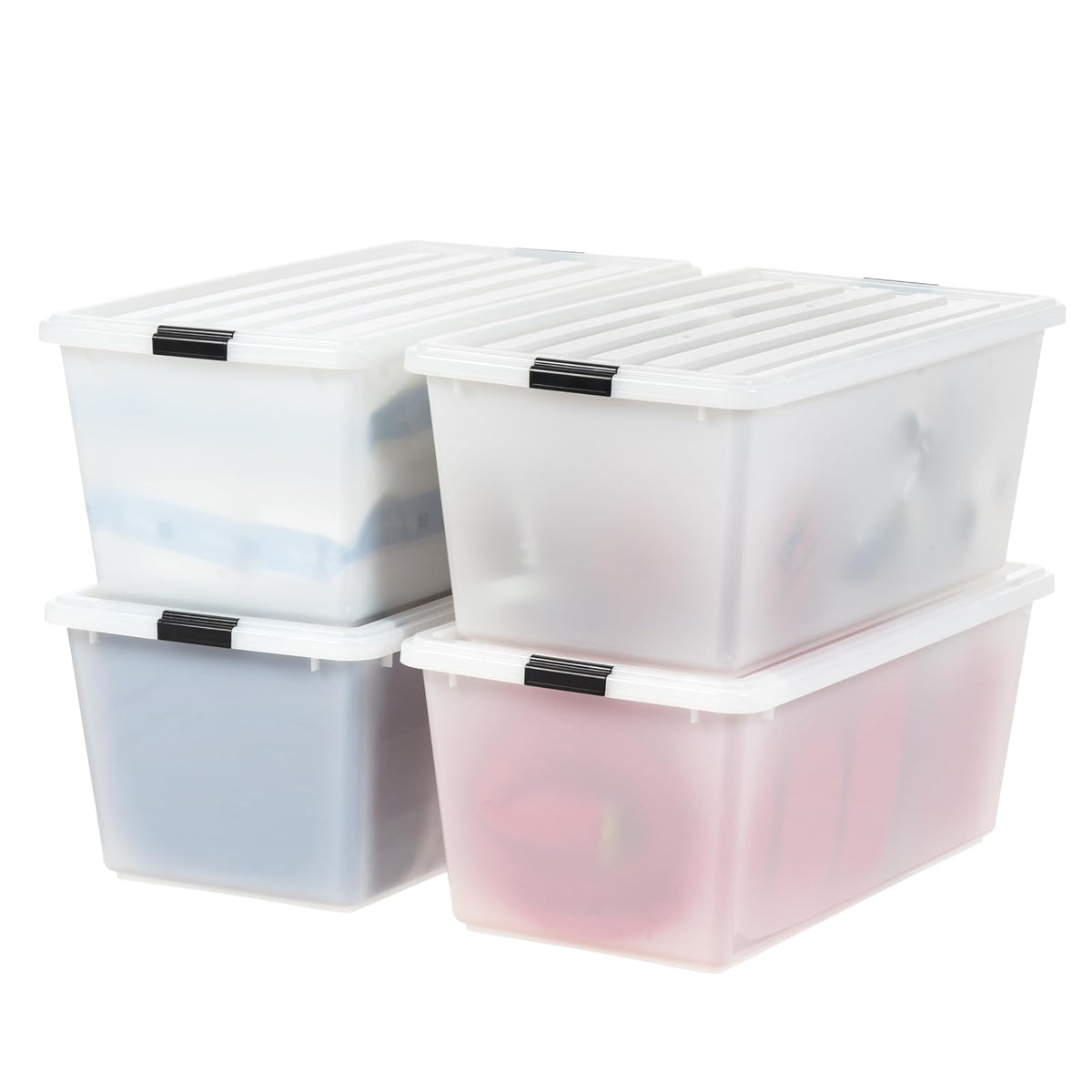 IRIS USA 4 Contenedores Apilables de 91 Qt con Tapa, Perla | Diseño opaco discreto que mantiene el contenido fuera de vista. Apilable para almacenamiento estacional. - 86 L. - Paquete de 4
