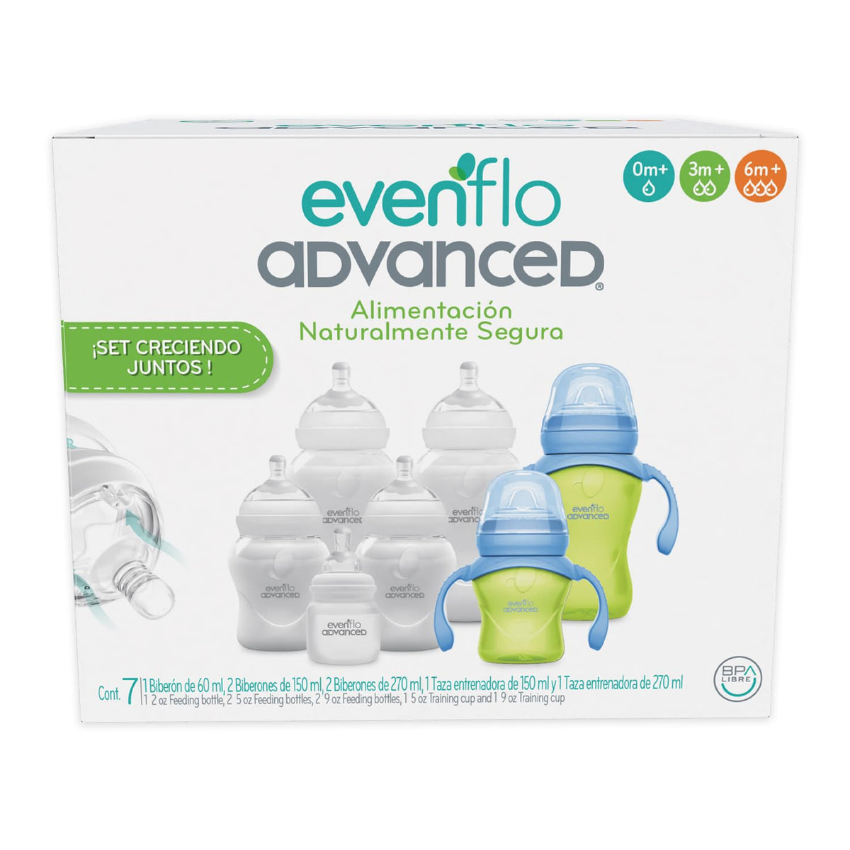 Evenflo Advanced Set Creciendo Juntos, 7 Piezas con Biberones y Tazas Entrenadoras, 60ml a 270ml, Silicón Grado Alimenticio, Sin BPA, Sistema Anti-colapso, 0-6+ Meses