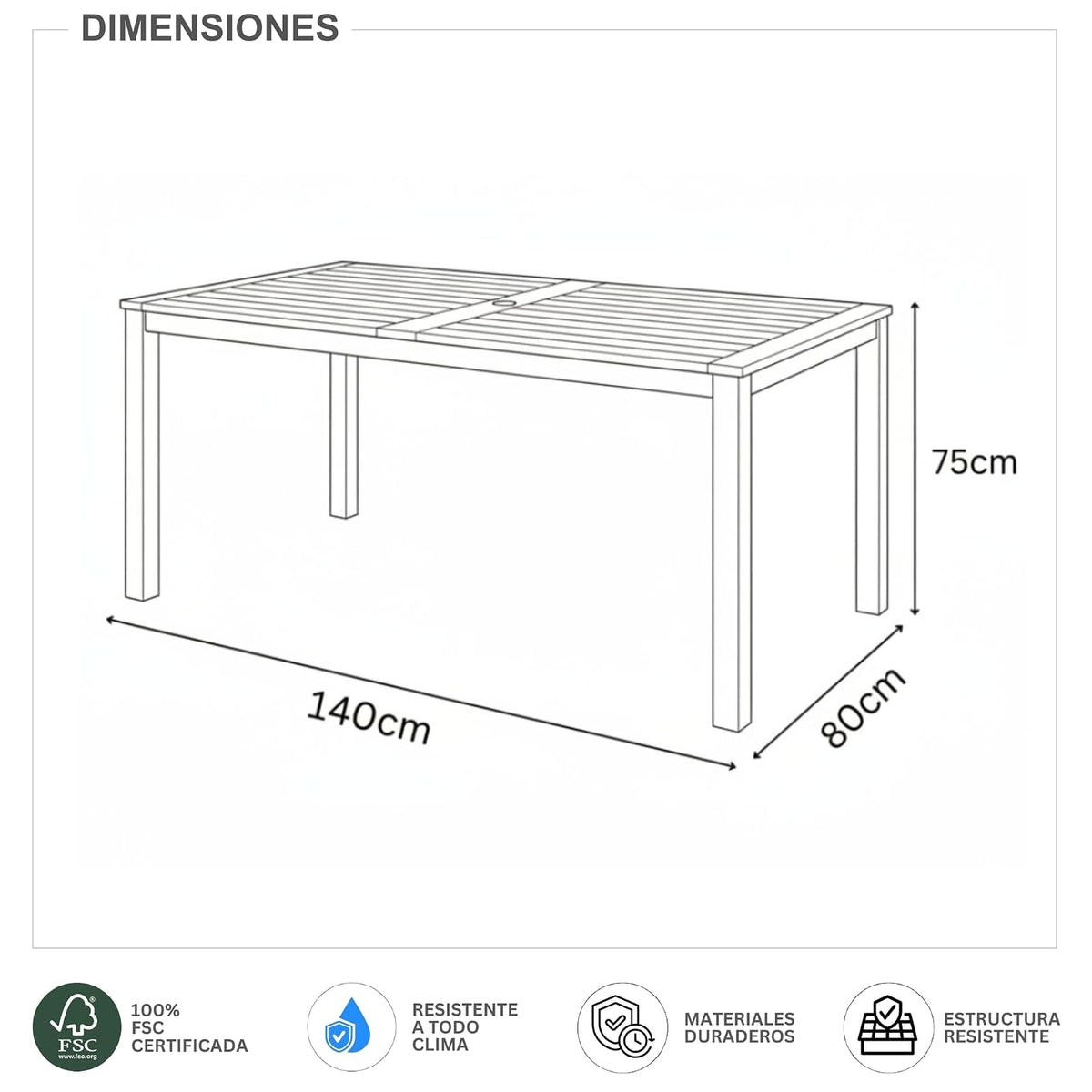 Mesa de Comedor Barcelona 140cm de Madera y Aluminio para Jardin y Exterior con Acabado de Teca, Patas de Aluminio Color Gris Claro