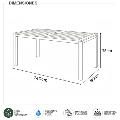 Mesa de Comedor Barcelona 140cm de Madera y Aluminio para Jardin y Exterior con Acabado de Teca, Patas de Aluminio Color Gris Claro