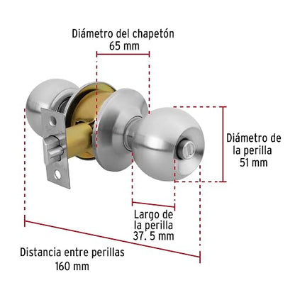 Hermex Basic BAL-CM-RP, Cerradura de pomo tipo esfera para recámara, mecanismo cilíndrico, cromo mate
