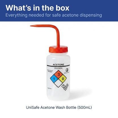 United Scientific™ UniSafe™ - Botella de lavado para acetona, 500 ml, etiquetada con información química y seguridad codificada por colores (4 colores) - Boca ancha, autoventilación, polietileno de